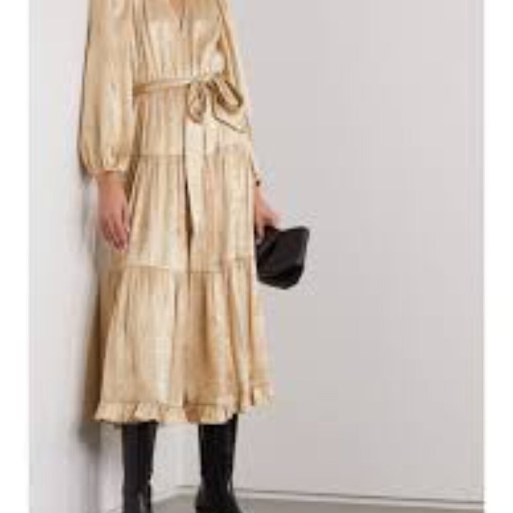 Ulla Johnson Helena Metallic Jacquard Tiered Dress Sz 10 Like New